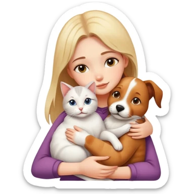 Beautiful girl hugs a cat and a dog tightly sticker