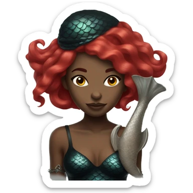 black mermaid with red hair holding skull sticker
