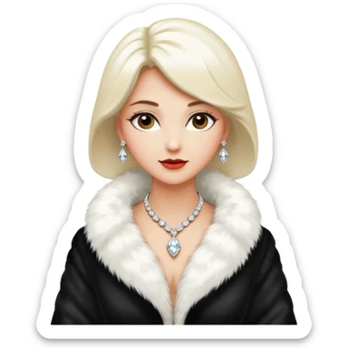 * Character: A stylish lady
* ﻿﻿Clothing: A luxurious white fur coat
* ﻿﻿Accessories: A dazzling diamond necklace
* ﻿﻿Expression: Confident, elegant, maybe slightly glamorous
* ﻿﻿Pose: Head slightly tilted or a poised posture
* ﻿﻿Style: Emoji-like, simple but expressive sticker