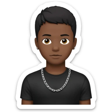 Generate a emoji of a black boy wearing a black compressed T-shirt with short black hair and make him wearing a silver chain and make the chain thin sticker