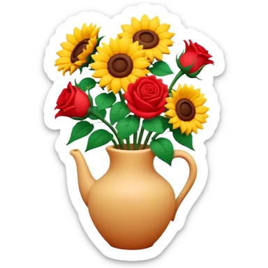 sunflowers and red roses bouquet in a ceramic vase, soft claymation realistic sticker