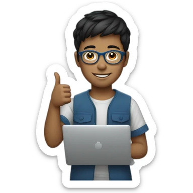 white young boy with blue glasses, short black hair, shaven on both sides, holding a laptop with one hand while the other hand is making the thumb up gesture sticker