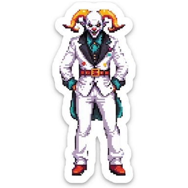 full-body demonic clown in a white leisure suit with bellbottom pants, bald, with black ram horns, flashy belt, ruffled shirt, no neck tie, large fangs in mouth sticker