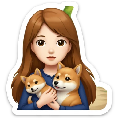 girl long brown hair with shiba inu outdoors sticker