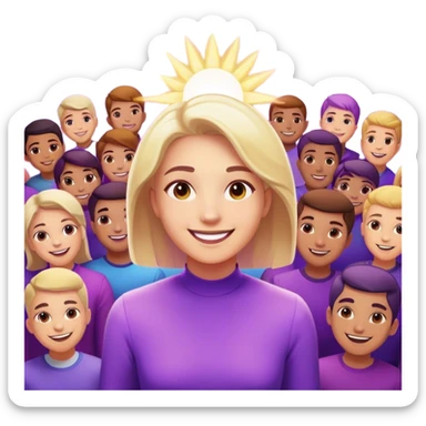 A charismatic person glowing in center of a room, radiating a violet warm bright aura glow, he is attracted smile with a lot of people around sticker