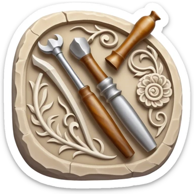 Stone, bone, and horn carving icon, detailed carving tools like chisels and gouges, pieces of stone, bone, and horn with intricate patterns, visible carvings in progress, minimalistic style, clean lines, transparent background. sticker