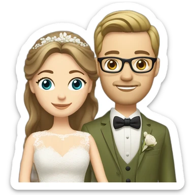 Wedding couple. Bride has brown hair pinned up. She wears lace dress. She has blue eyes. Groom has olive green suit and brown vest. He has blond hair. He wears glasses. He has blue eyes. sticker