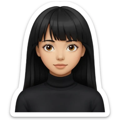 Photograph of a young woman with long, straight black hair and bangs, wearing a black turtleneck sweater. sticker