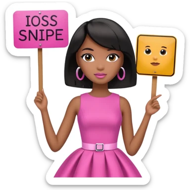 Black barbie, short  black bob  hair, pink dress with a sign that says snipe sticker