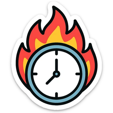 minimal color icon of a round clock with bright vivid flames, clean lines sticker