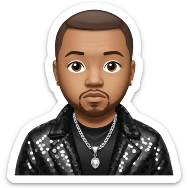 Timbaland with dark brown hair, black sequin jacket, black shirt with necklace sticker