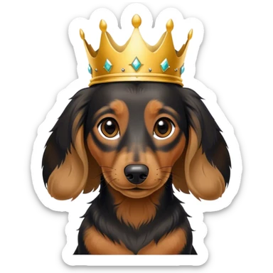 mini long haired dachshund with black fur and light brown ears with a gold crown sticker
