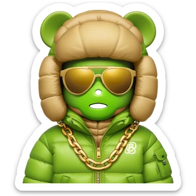 classic bearbrick wearing lime green mask with logo tags, oversized puffy down jacket with lavish fur hood, single-lens visor sunglasses, stacked gold chains, streetwear fashion icon sticker
