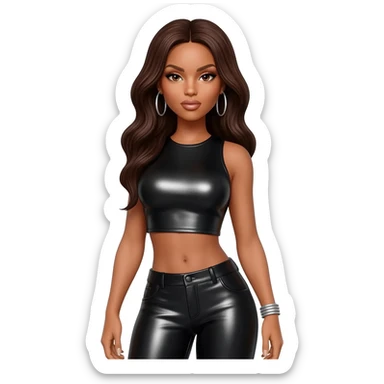 LeToya Luckett with long dark brown hair, black metallic crop top, black metallic pants, silver earrings sticker
