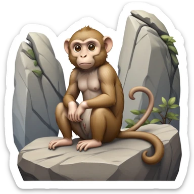 cinematic-elegant macaque-realistic-full-body-sitting-emoji,-compact-muscular-frame-poised-on-a-rocky-outcrop,-short-curled-tail-resting-behind,-head-tilted-dramatically,-thick-dense-fur-in-warm-shades-of-brown-and-grey,-expressive-eyes-filled-with sticker