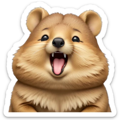 cinematic-realistic  yawning quokka-emoji,-small-round-frame, head tilted in an endearing manner, wouth wide open yawning, sleepy comical smile, round fluffy cheeks, giant-fluffy-cheeks-large-smile-fluffy-brown-fur-radiating-a-warm-softness,-big-round-eyes-filled-with-joy, realistic round  fluffy zoomed in, large black eyes one paw raised in the air sticker