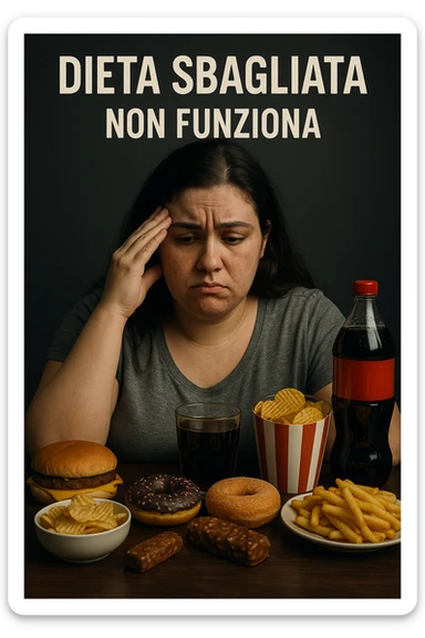 vertical realistic cinematic image in Italian: woman with polycystic ovary syndrome doing generic diets, visibly dissatisfied or confused, with wrong diet foods and captions in Italian, aspect ratio 2:3 sticker