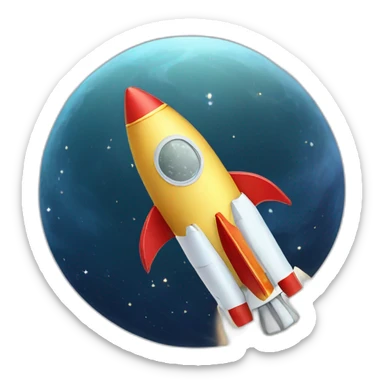 rocket in space flying around a moon of ice and gold sticker