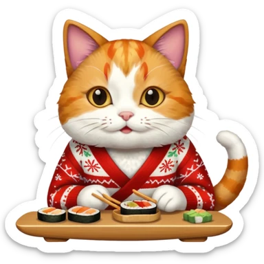 cat wearing a christmas sweater eating sushi sticker