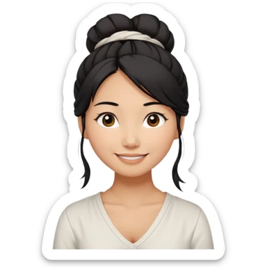 medium tan asian woman with long black hair tied 1 messt bun on top of head,  round brown eyes, white v neck blouse. shes smiling and friendly. sticker