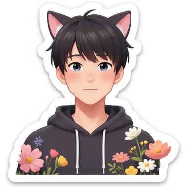 Gorgeous romantic anime style Asian shojo guy with cat ears and flowers and blushing face and hoodie aesthetic trending style outside sticker