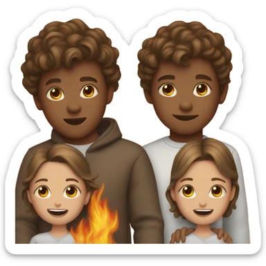Twins, one boy, one girl, brown hair, flames sticker