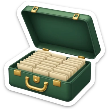 dark green open case with light beige bills sticker