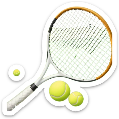 A tennis racket and a ball placed on a grassy court, with the net visible in the background. The scene captures the elegance and energy of the sport, with a vibrant green court and soft sunlight highlighting the equipment. sticker