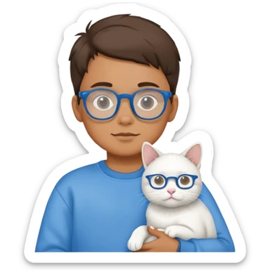 A boy wearing a sweatshirt and glasses holding a white cat sticker
