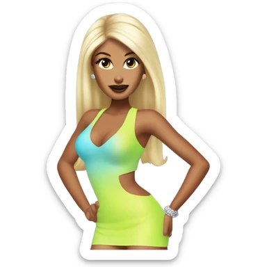 Tanned woman with long black hair, dressed in y2k Paris Hilton hair, makeup, and neon attire sticker