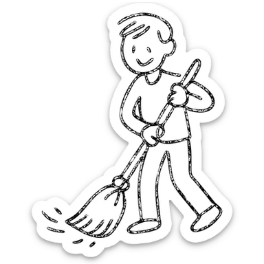 hand-drawn outline of a person sweeping with a broom, simple and playful sticker