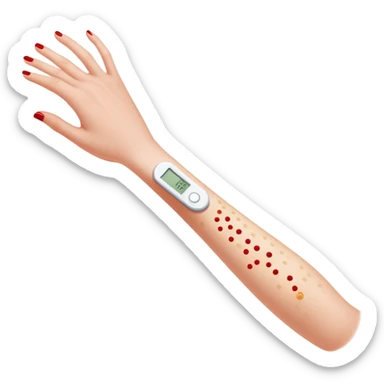 Allergy skin prick test on forearm with small red bumps showing reactions to different allergens sticker