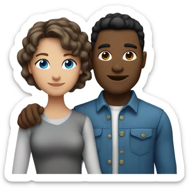 Couple with arms around each other. man with brown skin and black hair. white woman with brown hair and blue eyes  sticker