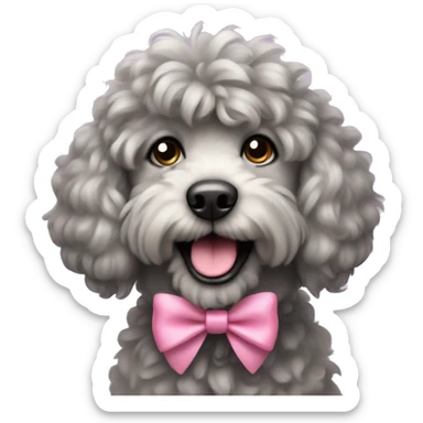 Grey fluffy curly dog with pink bows in ears sticker