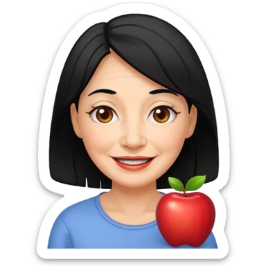 woman with wrinkles, black hair loose, cheerful expression, Apple emoji style sticker