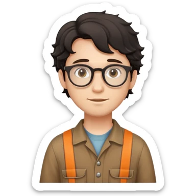 Young caucasian man with black wavy hair, round glasses, wearing brown carpenter outfit with shirt underneath sticker