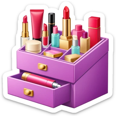 an open box overflowing with beauty products, including lipstick, face cream, and a perfume bottle sticker