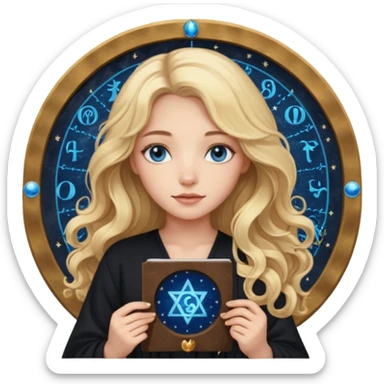A long wavy haired blonde girl with blue eyes, wearing black, holding astrology chart with Virgo symbol  sticker