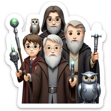 Icon for Fantasy and Sci-Fi Movies: Collage featuring Harry Potter with his wand, Dumbledore. Luke Skywalker with a lightsaber and futuristic robots. Background with a magical planet, Hogwarts, flying owls and spaceships. Epic and magical atmosphere. Transparent background. sticker