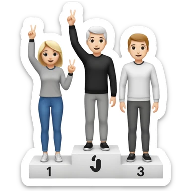 winners podium with three people black and white no numbers middle step higher all in relaxed casual clothes center person raises one finger on each hand cheerful expressive friendly emoji style sticker