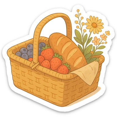 picnic basket with berries, bread, and flowers in warm pastel shades, soft Ghibli style sticker