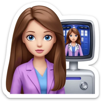 beautiful barbie girl with long brown hair, blue eyes and wearing light purple clothes watching dr who on tv sticker