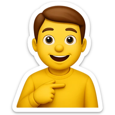 Transform the image into a cartoon-style human character in the style of Apple emojis. The character is pointing directly at their own chest with a clear 'me' expression on the face. The finger is firmly touching the chest. The background should be clean white. The pose is very clear and direct, capturing the essence of the original image but in Apple emoji style. sticker
