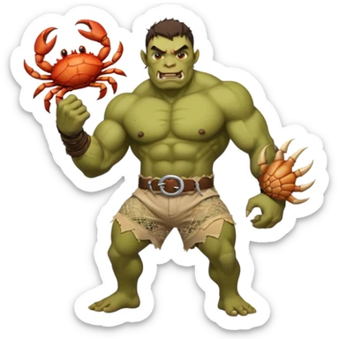 orc male flexing with giant crab. Torn net shorts, claw trophy belt sticker