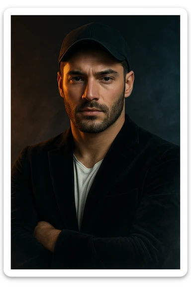 Usa questa immagine come riferimento per creare un ritratto iperrealistico e ravvicinato di un carismatico nodello maschile, ambientato in un contesto editoriale suggestivo. I volto è illuminato da fasci di luce ambrata e blU ghiaccio che contrastano tra loro, esaltando la simmetria marcata della mascella, la sottile barba incolta e uno sguardo penetrante e sicuro. I| modello indossa una giacca sartoriale scura in morbido velluto, leggermente sbottonata sul colletto. Lo sfondo sfuma in un profondo gradiente antracite con una delicata foschia cinematografica e sottili bagliori di luce. Un lieve velo di nebbia avvolge la sua silhouette, accentuando un'atmosfera sofisticata e misteriosa. L'effetto complessivo evoca un'eleganza di alta moda con un tocco moderno e malinconico, ideale per una campagna pubblicitaria di lusso o per la copertina di una prestigiosa rivista. sticker