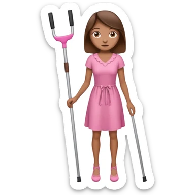 A woman with crutches , a pink dress brown hair and brown eyes sticker