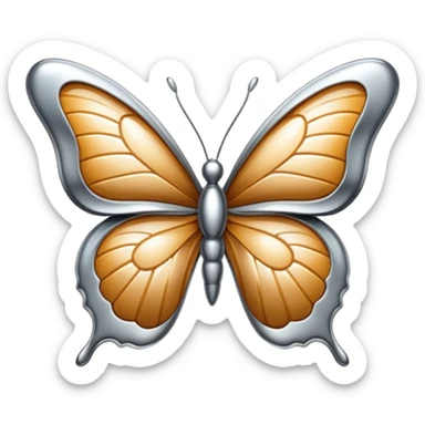 Liquid metal butterfly emoji, silver chrome material, iOS emoji style, smooth curves, reflective surface, elegant and minimal, white background sticker