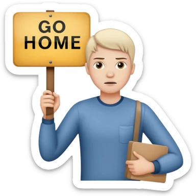 A white person holding a sign that says go home sticker
