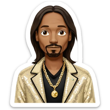 Snoop Dogg with long dark brown hair, ivory sequin jacket, black shirt with necklace sticker
