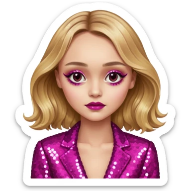 Lily-Rose Depp with long golden blonde hair, dark pink sequin outfit, makeup sticker